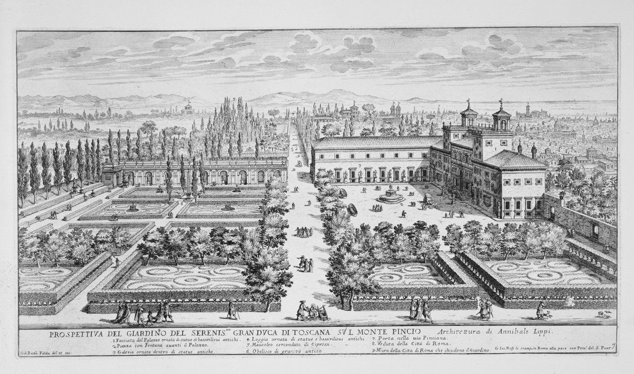 Toscanan suurherttuan puutarha Monte Pinciolla, Roomassa, julkaisusta "Il Nuovo Teatro della Fabriche et Edifici in Prospettiva di Roma Moderna", julkaistu n. 1665–1669 (katso myös 171622) tekijältä Giovanni Battista Falda