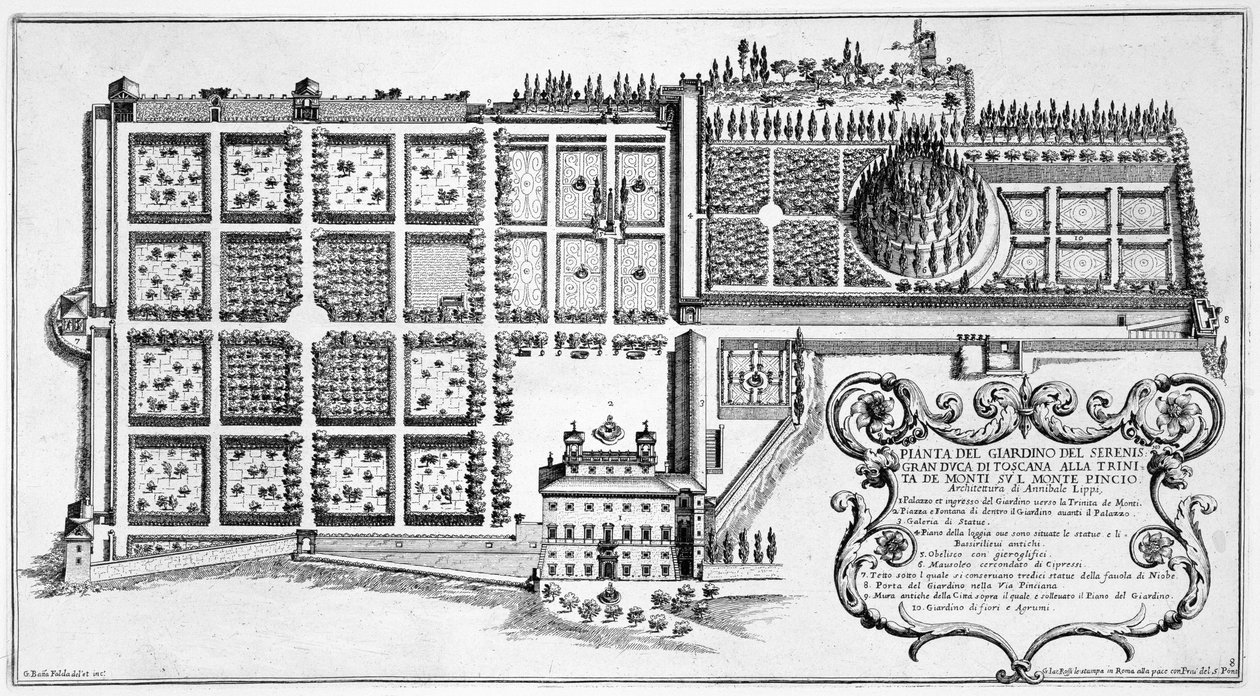 Toscanan suurherttuan puutarha Trinita de Montella Pinciossa, Roomassa, "Il Nuovo Teatro della Fabriche et Edifici in Perspective of Modern Rome", julkaistu n. 1665–1669 (katso tekijältä Giovanni Battista Falda