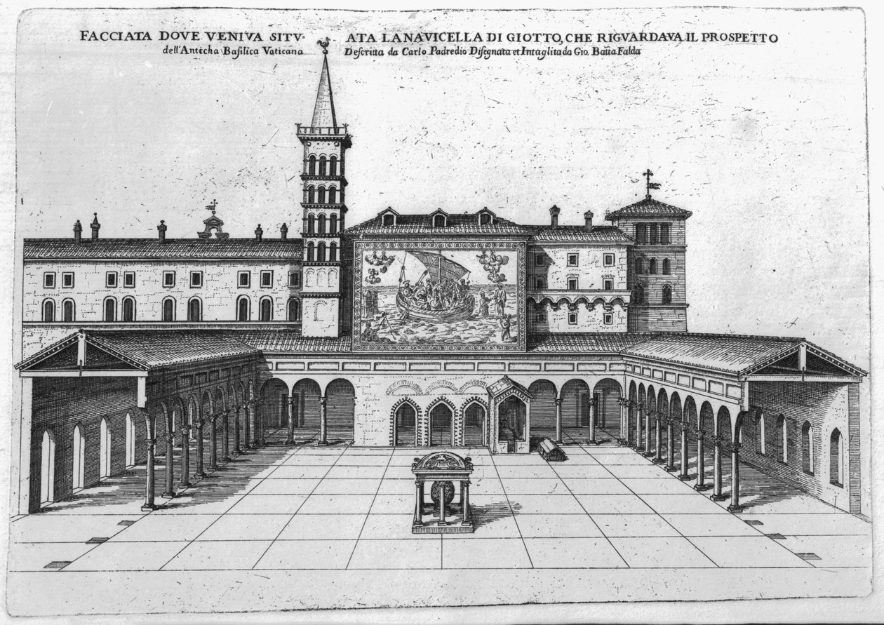 Vanhan Vatikaanin basilikan siunausloggia näköalalla Giotton mosaiikkiin tekijältä Giovanni Battista Falda