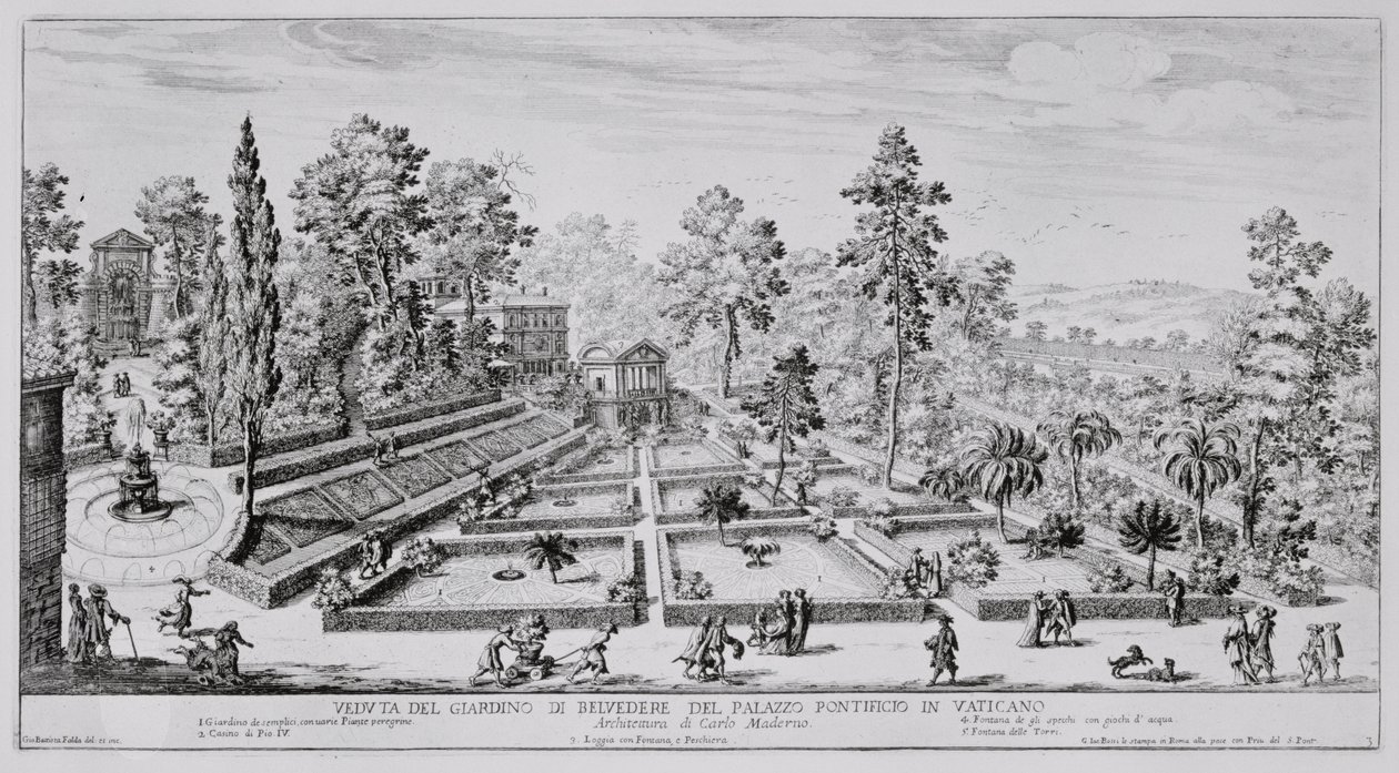 Paavi Pius IV:n (1499-1565) huvipuutarha ja paviljonki Vatikaanin palatsissa, "Il Nuovo Teatro della Fabriche et Buildings in Perspective of Modern Rome", julkaistu n. 1665-1669 tekijältä Giovanni Battista Falda