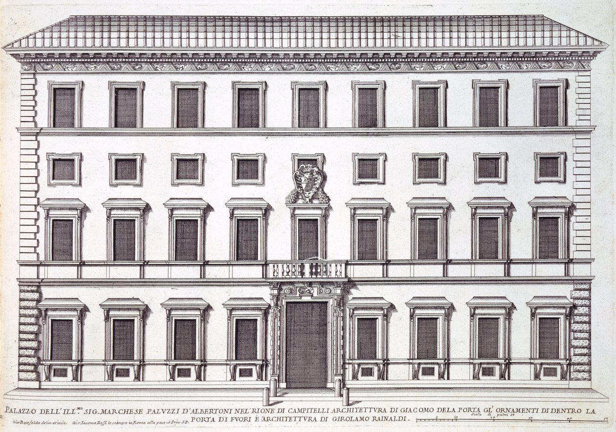 Näkymä Rooman Palazzo Marchesen julkisivusta, jonka suunnittelivat Giacomo della Porta (1538-1602) ja Girolamo Rainaldi (1570-1655) tekijältä Giovanni Battista Falda