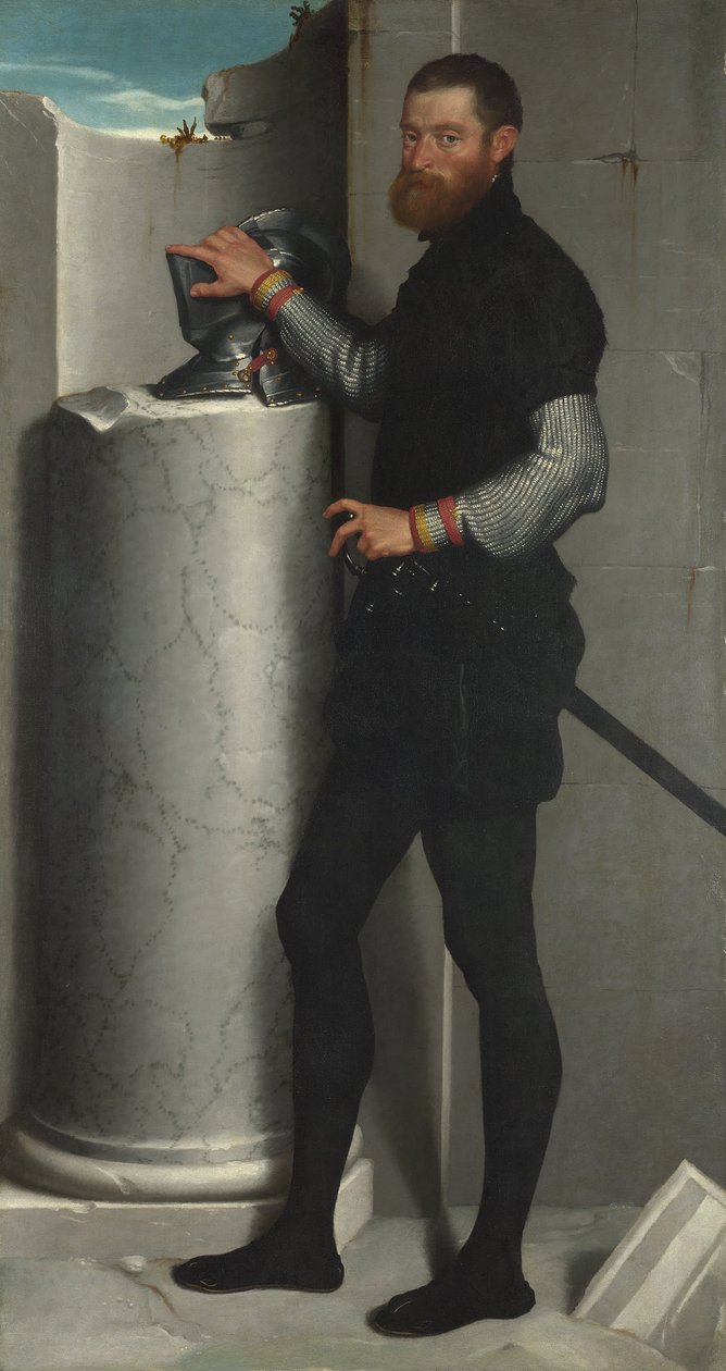 Muotokuva herrasmiehestä kypäränsä kanssa sarakeakselilla tekijältä Giovanni Battista Moroni