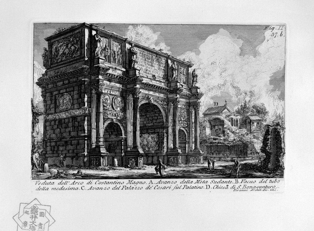 Konstantinuksen kaari ja Meta sudans (Rooma) tekijältä Giovanni Battista Piranesi
