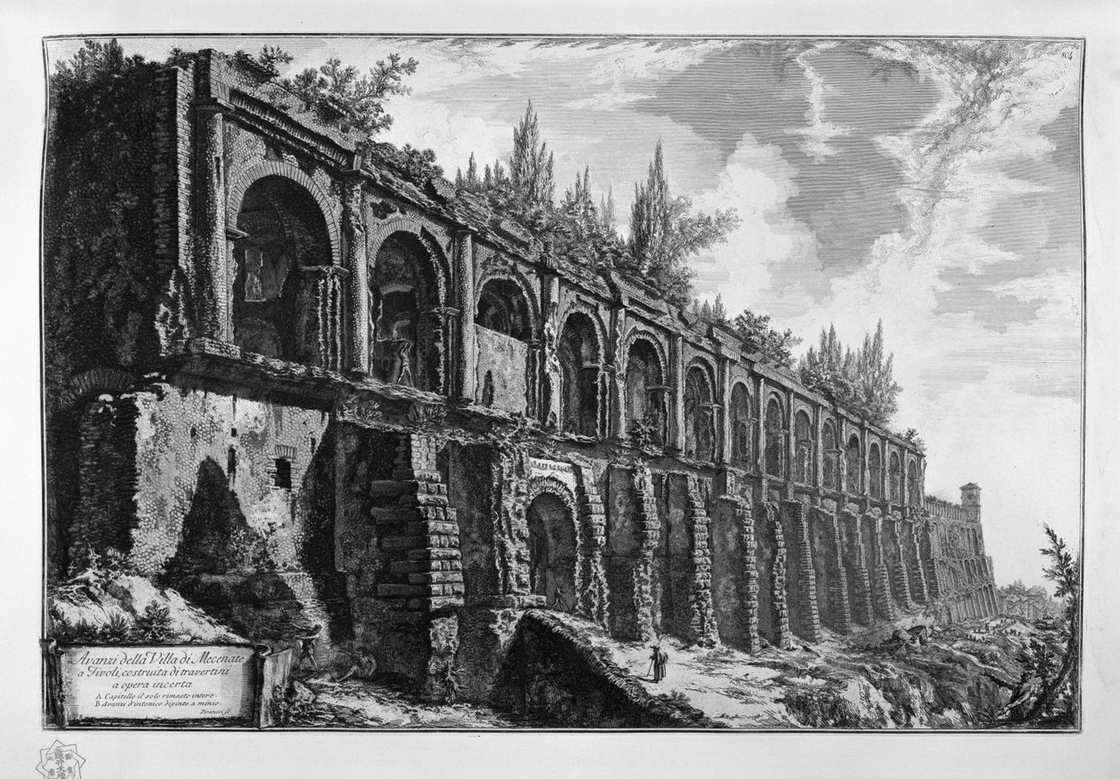 Tivolissa sijaitsevan Maecenasin huvilan jäännökset, jotka on rakennettu travertiinista ja joiden valmistustapa on epävarma. tekijältä Giovanni Battista Piranesi