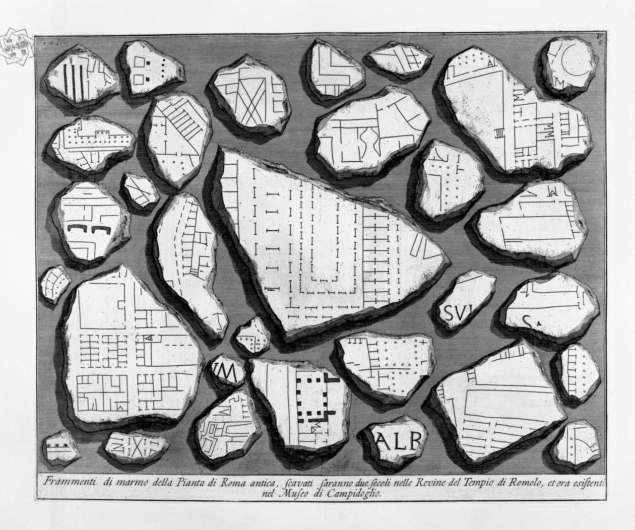 Frammenti di marmo della Pianta di Roma Antica tekijältä Giovanni Battista Piranesi