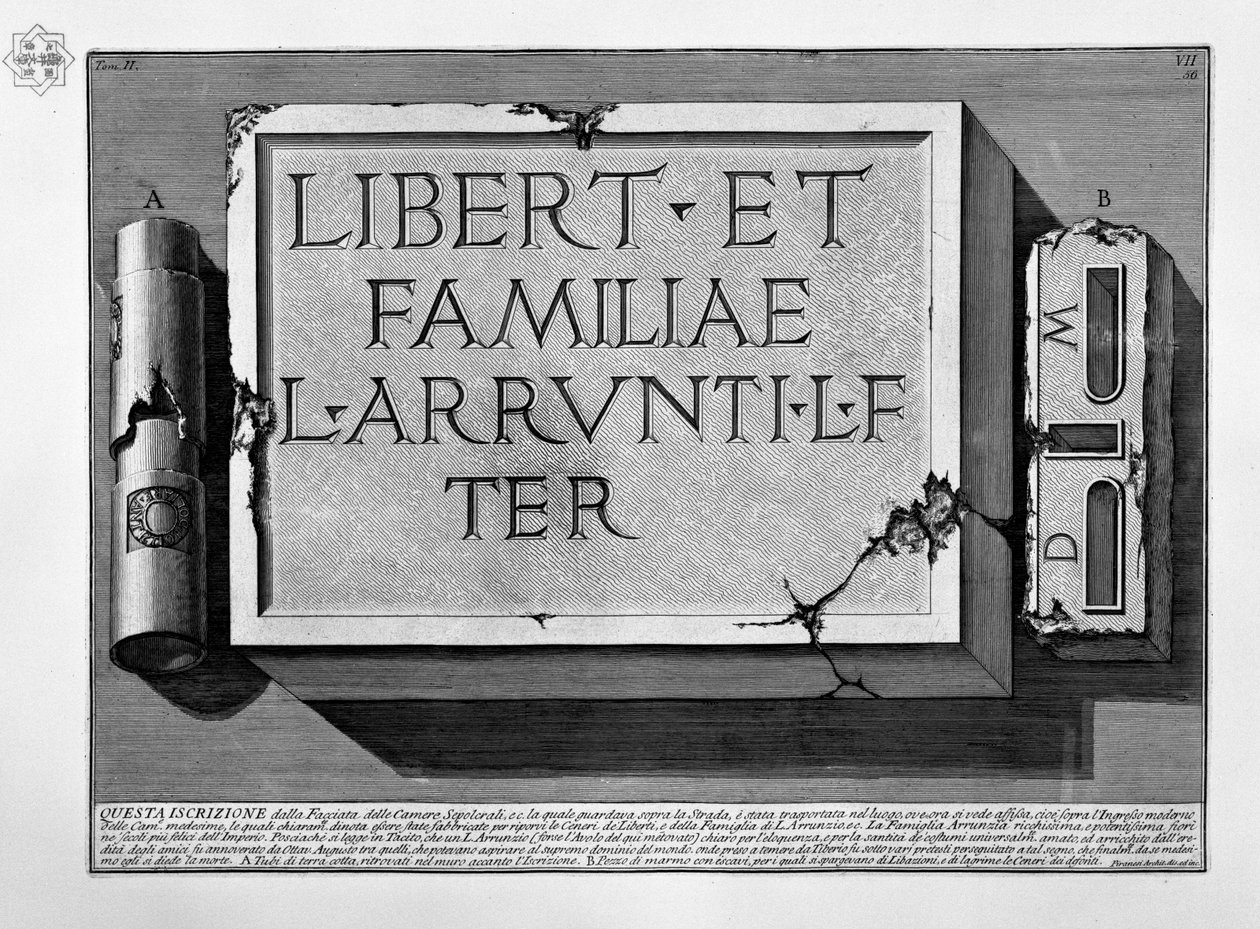 Kirjoitus L. Arrunzion perheen haudassa tekijältä Giovanni Battista Piranesi