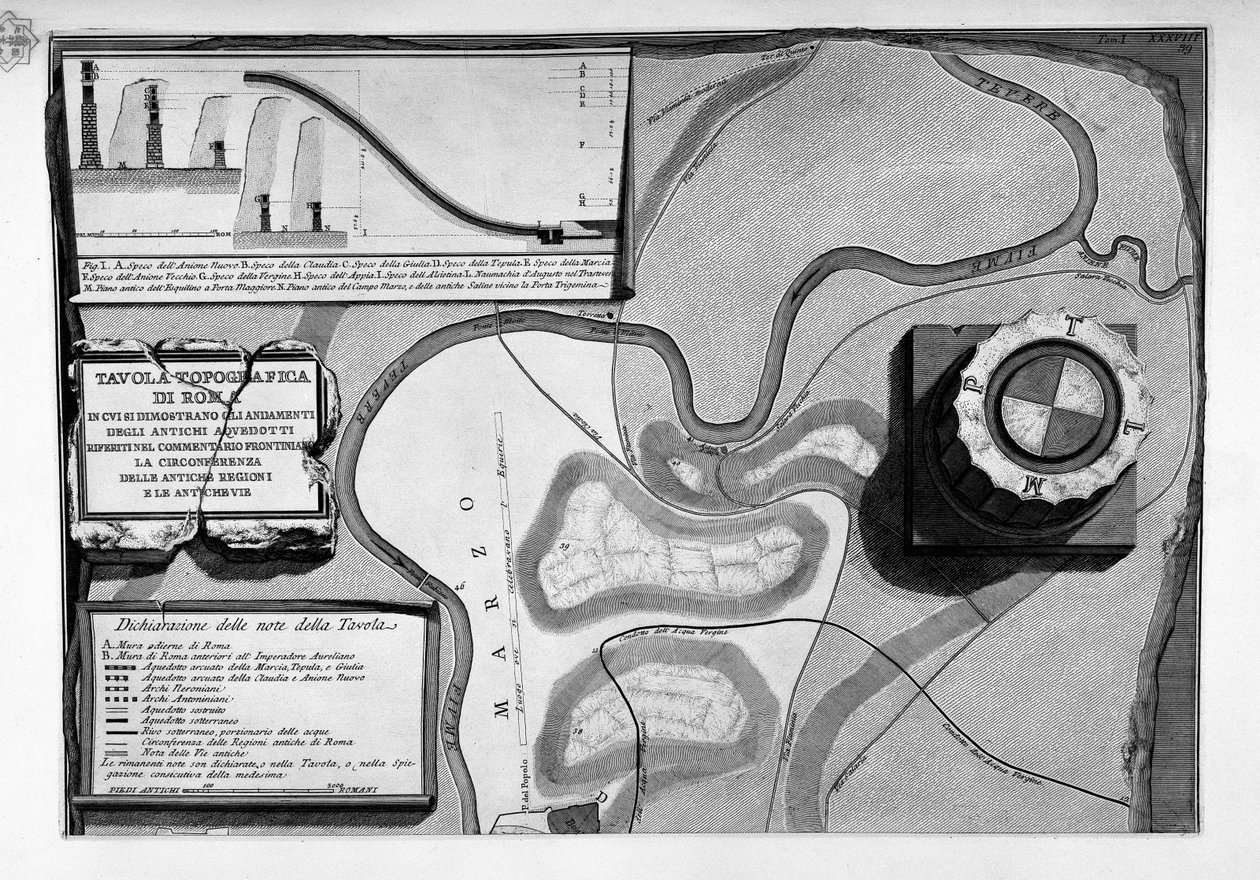 Kartat antiikin Rooman vesijohdoista Roomassa tekijältä Giovanni Battista Piranesi