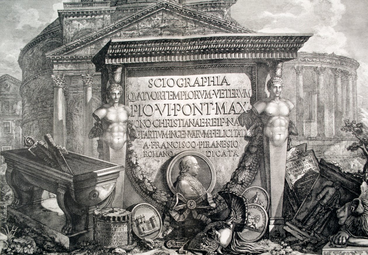 Levy LXXIII-IV Capriccio arkkitehtonisista raunioista ja antiikkiesineistä, kuvitus "Veduten" luvulle "Pantheon ja temppelit", julkaistu ensimmäisen kerran vuonna 1756, pub. kirjoittaneet E und F.N. Spon Ltd., 1900 (engra tekijältä Giovanni Battista Piranesi
