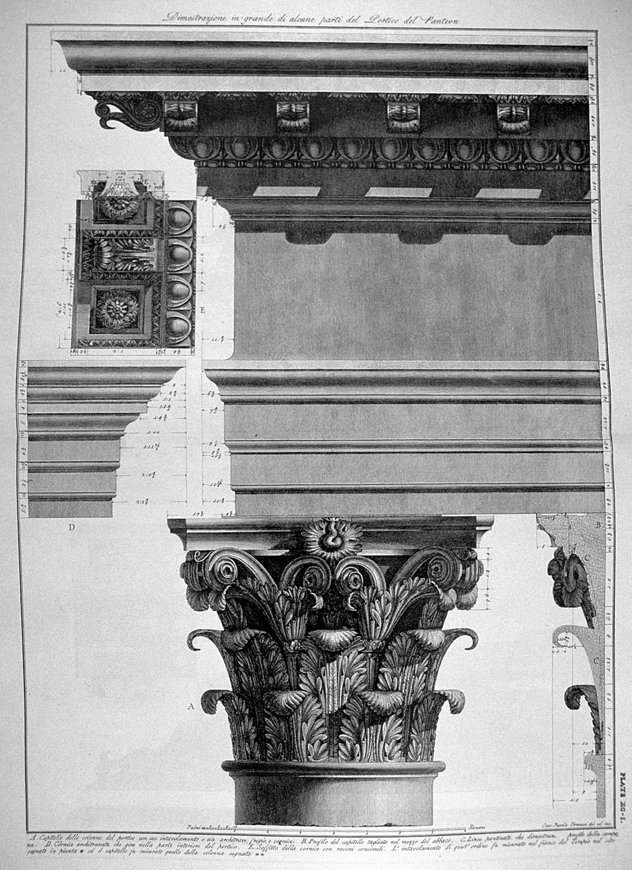 Levy XC-I Suuren mittakaavan kuva Veduten Pantheonin portikon yksityiskohdasta, julkaistu ensimmäisen kerran vuonna 1756, pub. E. & F.N Spon Ltd., 1900 tekijältä Giovanni Battista Piranesi
