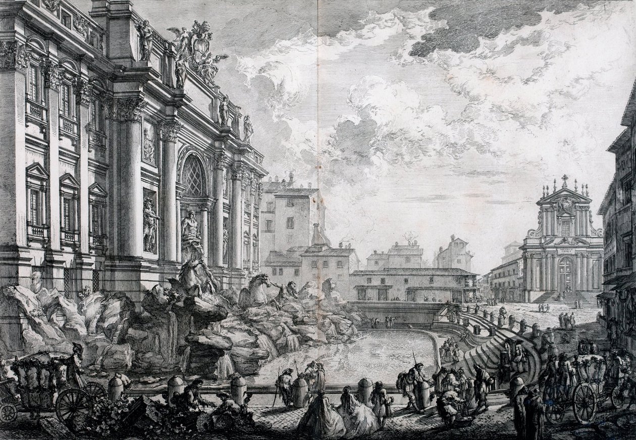 Sivunäkymä Trevin suihkulähteelle, aiemmin Acqua Vergine, Vedute di Romalta (näkymät Roomaan) tekijältä Giovanni Battista Piranesi