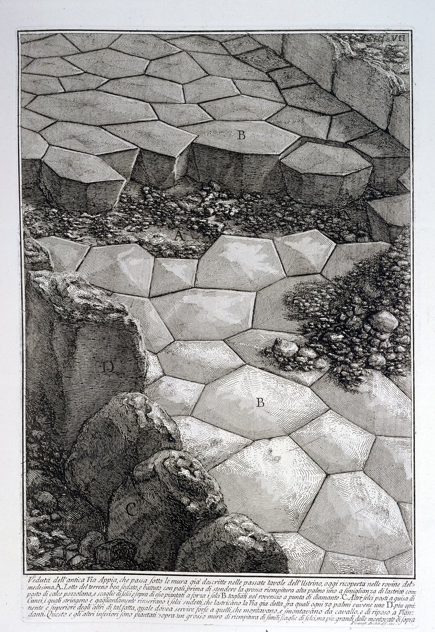 Via Appia Antican päällystys, kuvasta "Le Antichita Romane de G.B. Piranesi (1756)", julkaistu Pariisissa 1835. tekijältä Giovanni Battista Piranesi