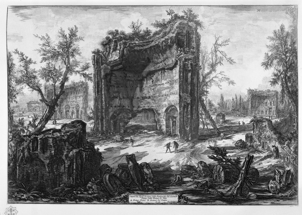 NÄKYMIÄ Tituksen kylpylän toisen kerroksen tehtaiden jäännöksistä. A Ensimmäinen kerros. B Teatterin tähteet. tekijältä Giovanni Battista Piranesi