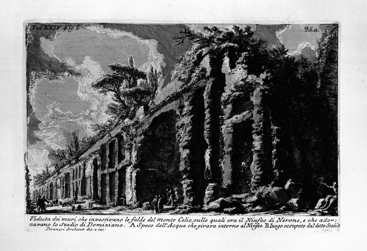 Veduta dei muri che investivano le falde del Monte Celio, you quali era il Ninfeo di Nerone, e che adornavano lo Stadio di Domiziano tekijältä Giovanni Battista Piranesi