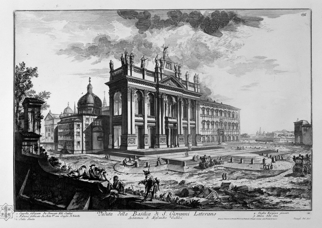 Veduta della Basilica di S. Giovanni Laterano; arkkitehti Alessandro Gallilei. 1. Cappella fabricata da Clemente XII. Corsini. 2. Palazzo fabricato da Sisto V. ora Conser. di Zitelle. 3. Scala Santa. 4. Guglia Egiziaca giacente. 5. Mura della Citta tekijältä Giovanni Battista Piranesi
