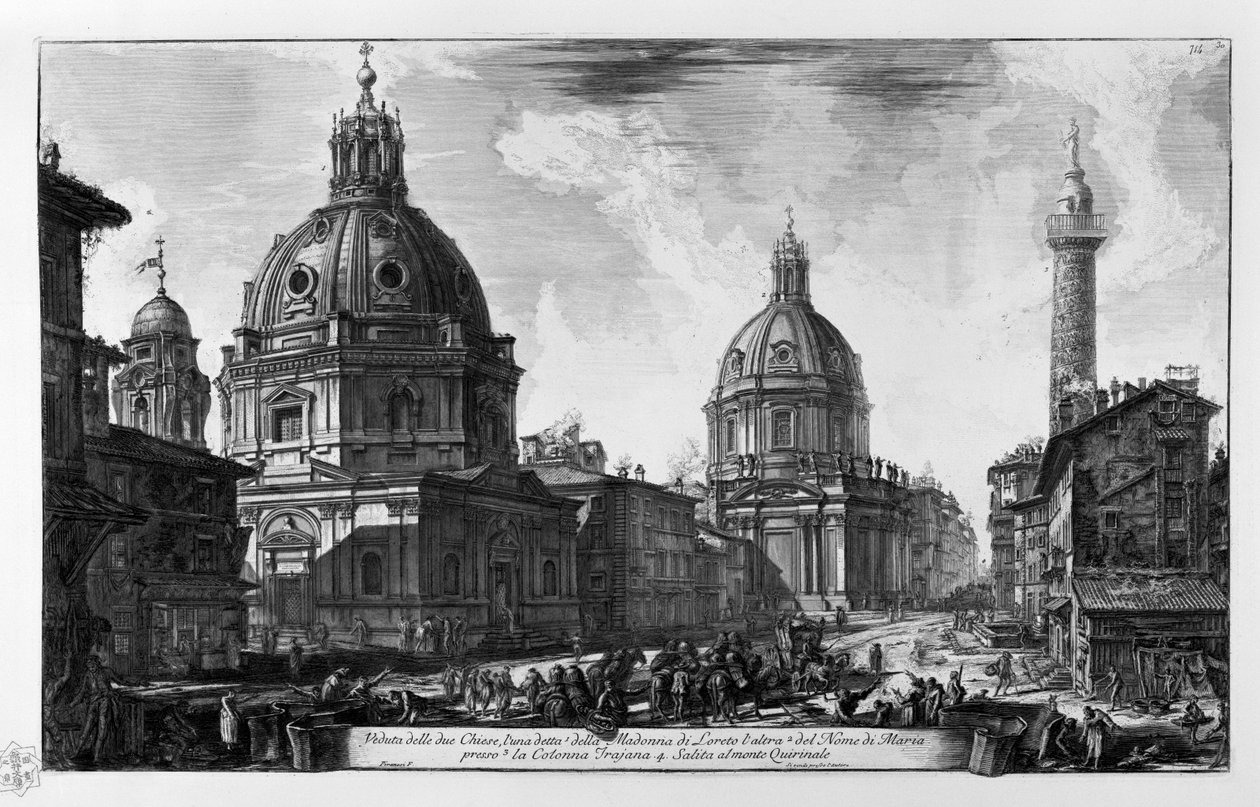 Veduta delle due Chiese. Chiesa di Santa Maria di Loreto Chiesa del Santissimo Nome di Maria Colonna Traiana. Salita al monte Quirinale tekijältä Giovanni Battista Piranesi
