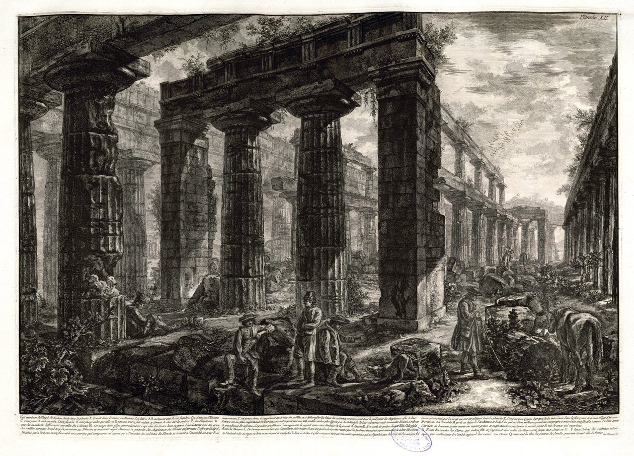 Vgl. den ersten Zustand dieser Darstellung mit der Ansicht des Tempels aus einer etwas höheren Position, mit anderer Figurenstaffage und einem leerem Schriftband, der lediglich unten rechts signiert ist. Ficacci, L. Giovanni Battista Piranesi. Täydellinen tekijältä Giovanni Battista Piranesi