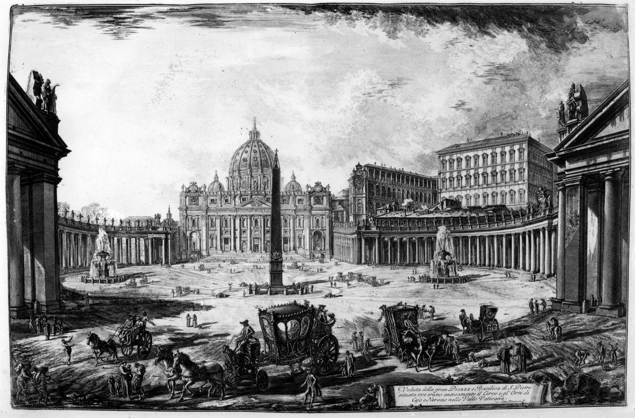 Näkymä Pietarinkirkolle ja Piazzalle, Näkymät Roomaan -sarjasta, n. 1760 tekijältä Giovanni Battista Piranesi