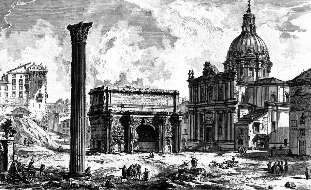 Näkymä Septimius Severuksen kaarelle ja Santi Luca e Martinan kirkolle, Näkymät Roomaan -sarjasta, n. 1760 (etsaus) tekijältä Giovanni Battista Piranesi