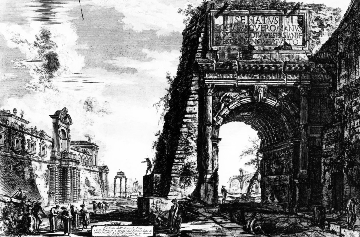 Näkymä Tituksen kaaresta, "Views of Rome" -sarjasta, n. 1760 tekijältä Giovanni Battista Piranesi