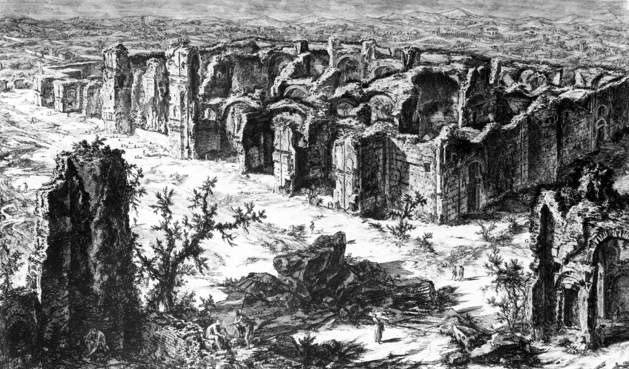 Näkymä Caracallan kylpylöistä, "Views of Rome" -sarjasta, n. 1760 tekijältä Giovanni Battista Piranesi