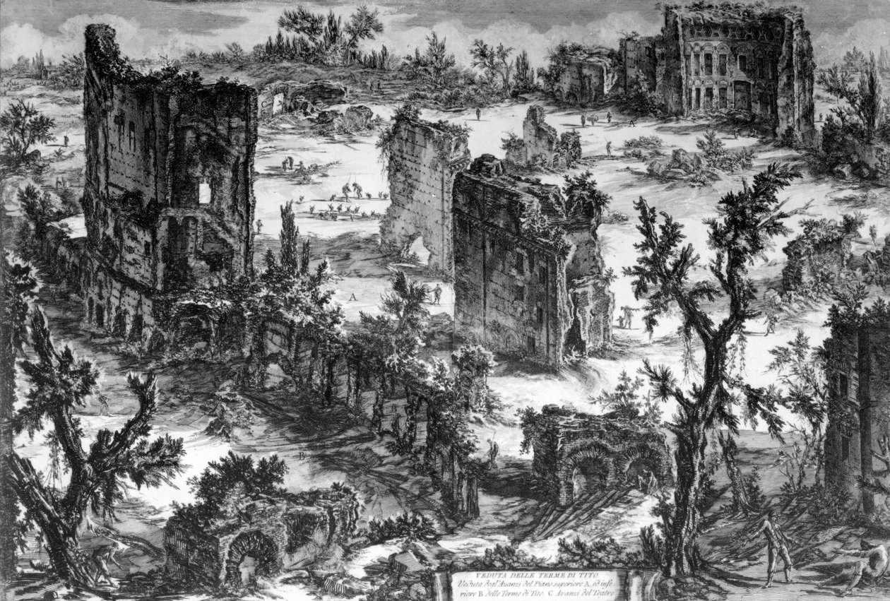 Näkymä Trajanuksen kylpylöistä, Rooman näkymät -sarjasta, n. 1760 tekijältä Giovanni Battista Piranesi