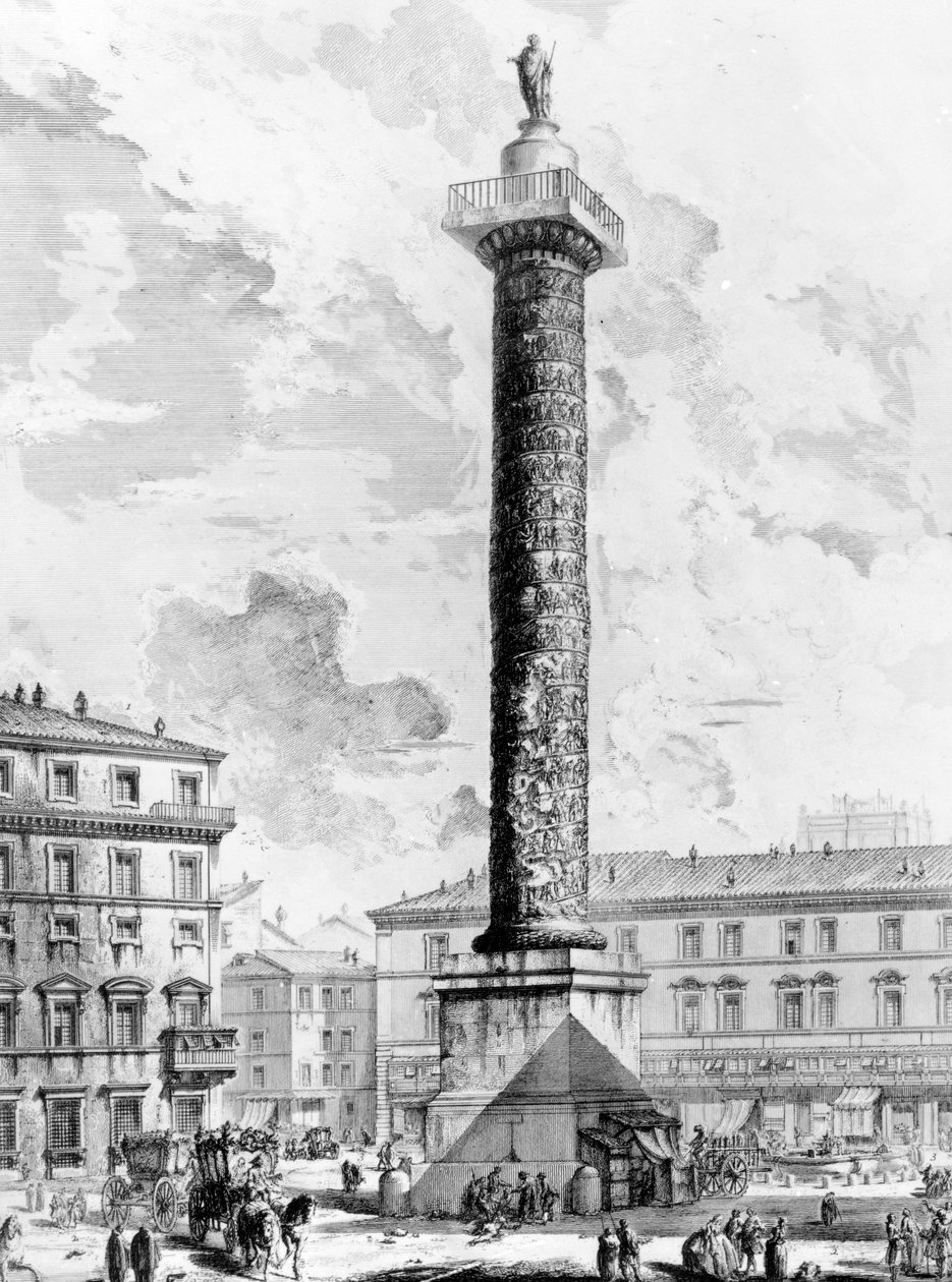 Näkymä Marcus Aureliuksen pylväästä Piazza Colonnalla, Rooman näkymät -sarjasta, n. 1760 tekijältä Giovanni Battista Piranesi