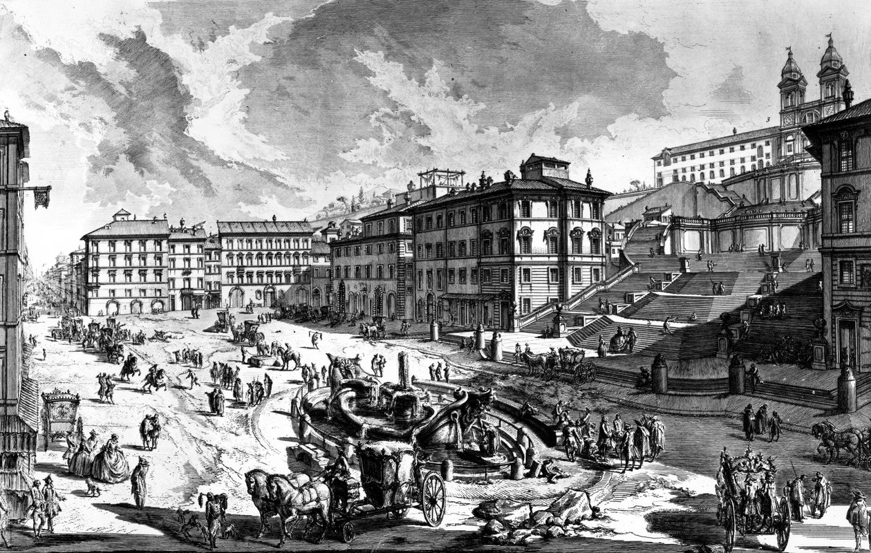 Näkymä Piazza di Spagnalle, Rooman näkymät -sarjasta, n. 1760 tekijältä Giovanni Battista Piranesi