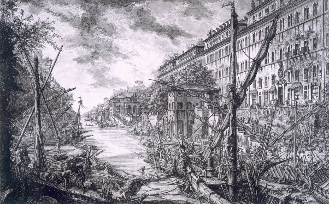 Näkymä Ripa Granden satamaan, teoksesta "Opere Varie di Architettura, Prospettive, Grotteschi, Antichita", julkaistu 1743. tekijältä Giovanni Battista Piranesi