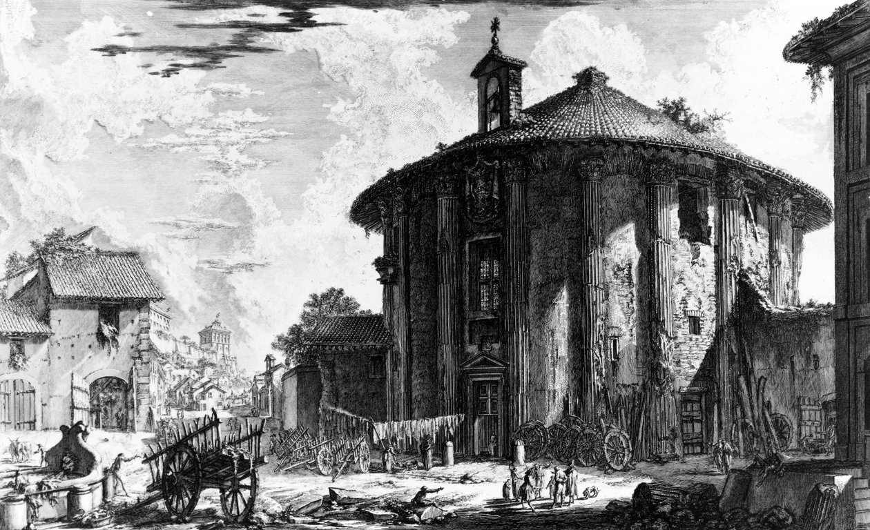 Näkymä Cybelen temppelistä Piazza della Bocca della Veritalla, Rooman näkymät -sarjasta, 1758 tekijältä Giovanni Battista Piranesi