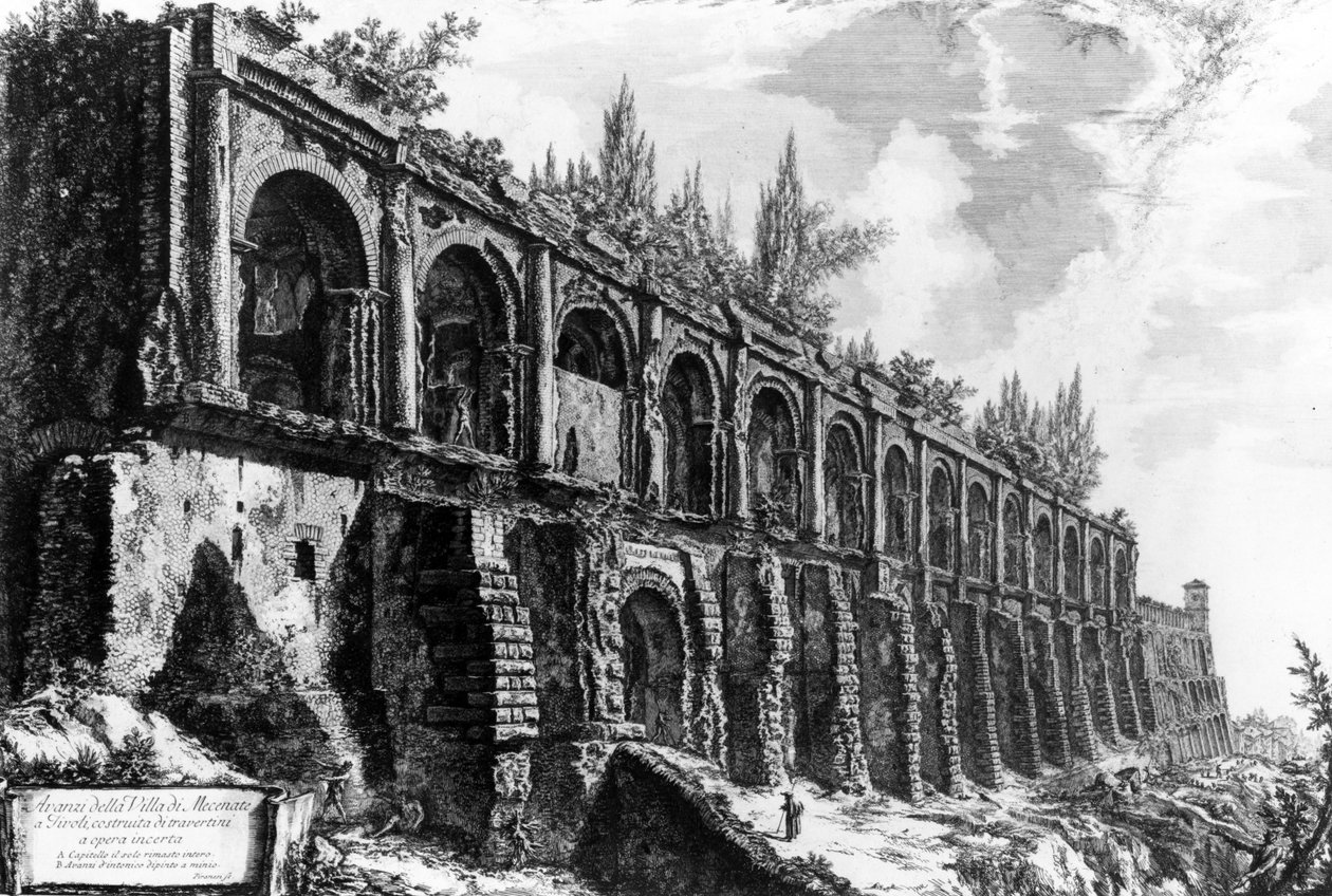 Näkymä Maecenasin huvilasta Tivolissa, Rooman näkymät -sarjasta, n. 1760 tekijältä Giovanni Battista Piranesi