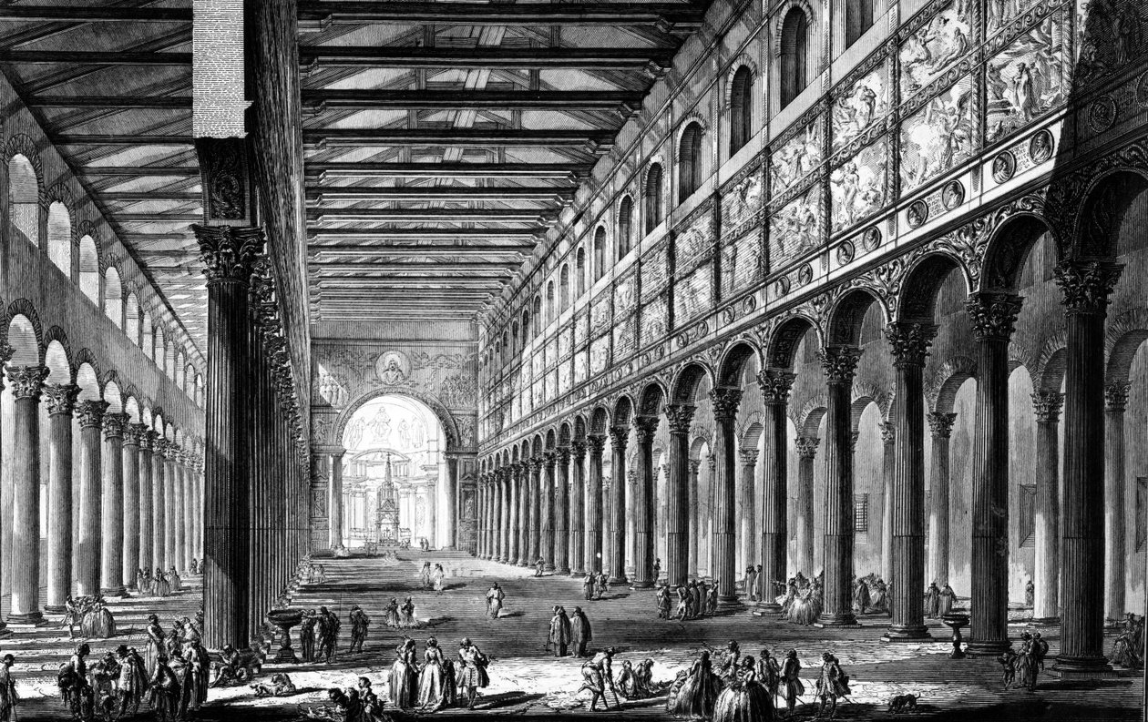 Näkymä San Paolo fuori le Muran basilikan sisätiloihin, Rooman näkymät -sarjasta, n. 1760 tekijältä Giovanni Battista Piranesi