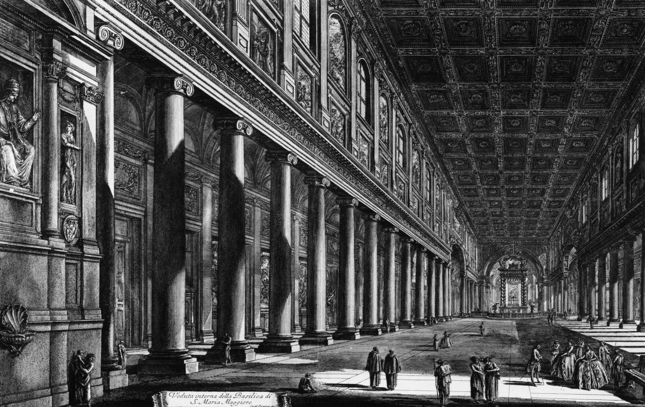 Näkymä Santa Maria Maggioren sisätiloihin, "Views of Rome" -sarjasta, n. 1760 tekijältä Giovanni Battista Piranesi