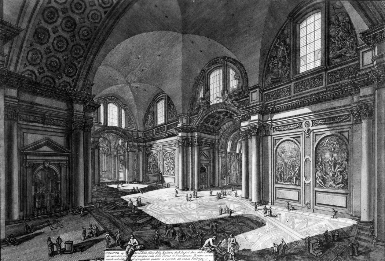 Näkymä Santa Maria degli Angeli e dei Martirin sisätiloihin Rooman näkymät -sarjasta, n. 1760 tekijältä Giovanni Battista Piranesi