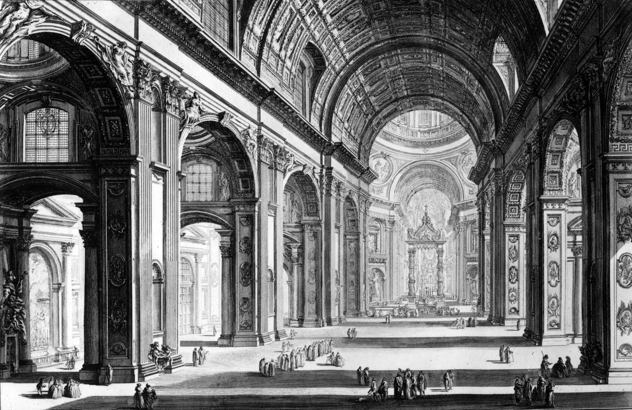 Näkymä Pietarinkirkon sisätiloihin Rooman näkymät -sarjasta, n. 1760 tekijältä Giovanni Battista Piranesi