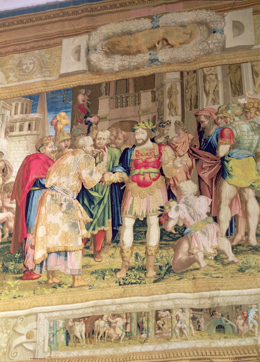 Valtioiden yhdistäminen, yksityiskohta Francis I:stä Ranskasta (1494-1547) (kuvakudos) tekijältä Giovanni Battista Rosso Fiorentino