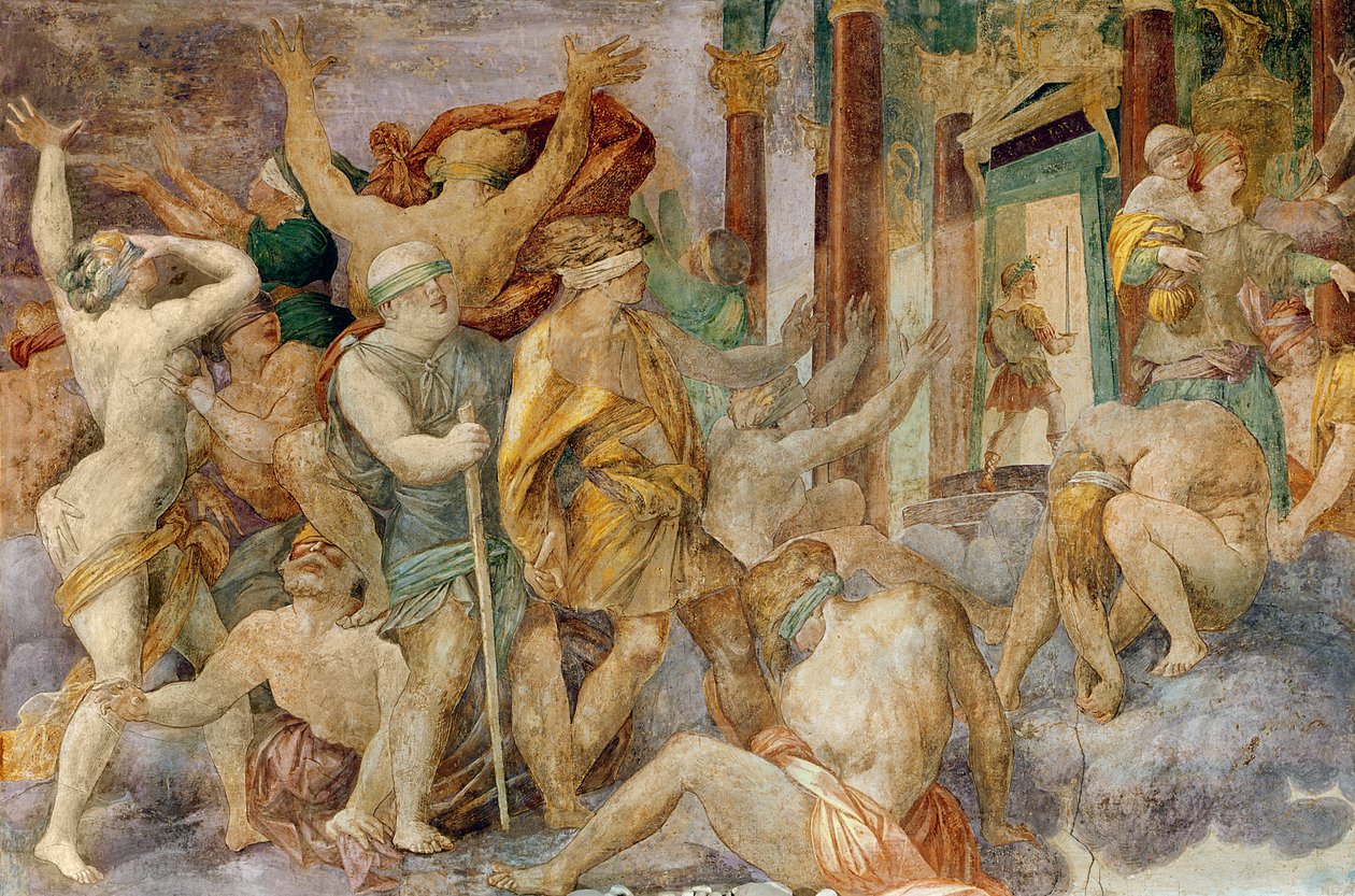 Franciscus I ajaa paheet pois ja astuu Jupiterin temppeliin, n. 1522-40 tekijältä Giovanni Battista Rosso Fiorentino