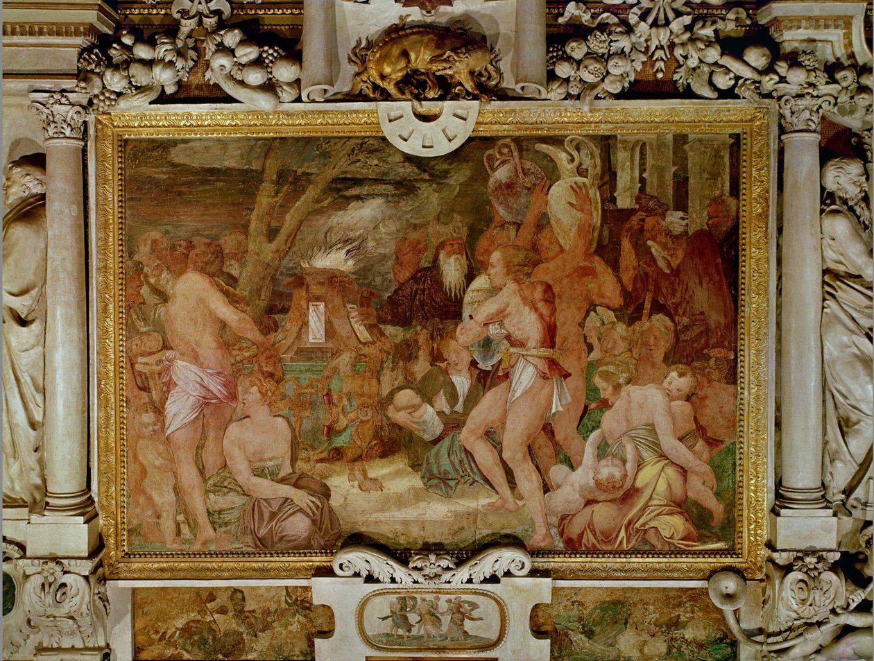 Catanaean Twins, Anapias ja Amphinamus uhrialttarilla, yksityiskohta Francis I:n gallerian koristekuviosta (1494-1547) 1535-40 (fresko ja stukko) tekijältä Giovanni Battista Rosso Fiorentino