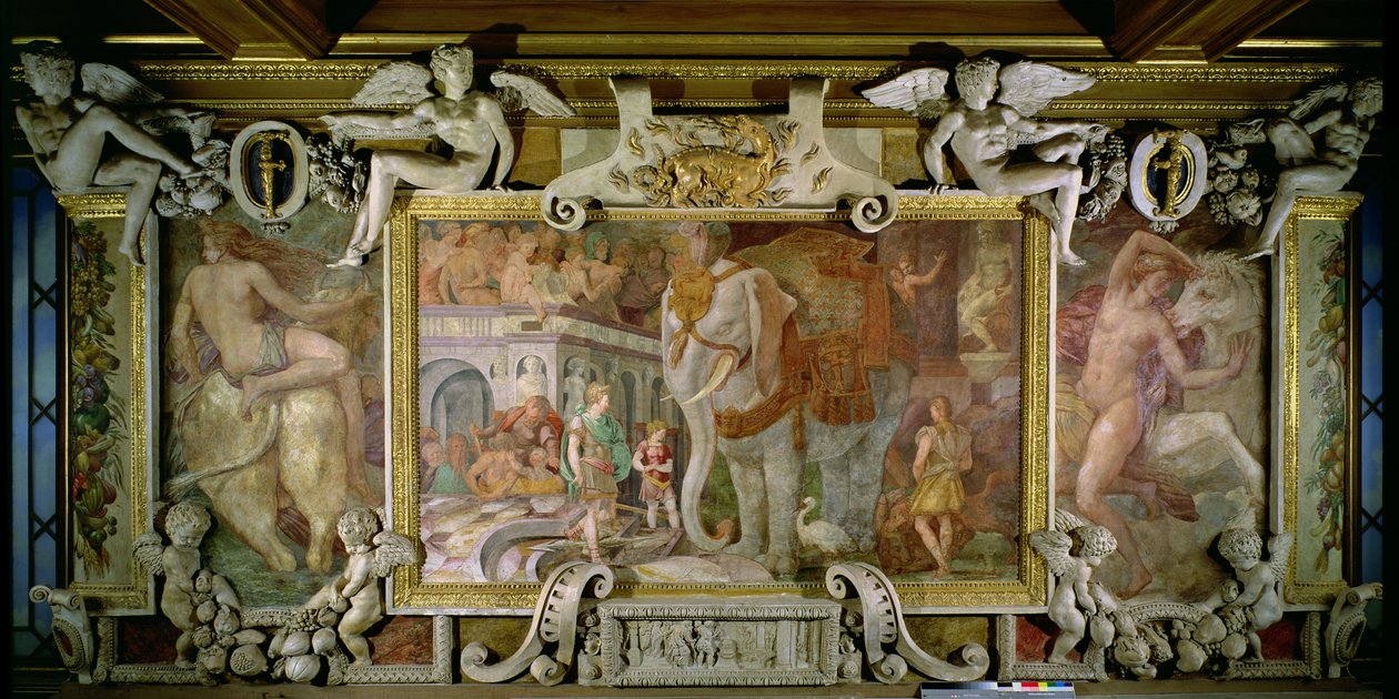 Voitonelefantti, allegorinen kunnianosoitus Francis I:lle, yksityiskohta koristeellisesta kuviosta Francis I:n galleriassa, 1530-40 fresko ja stukko tekijältä Giovanni Battista Rosso Fiorentino