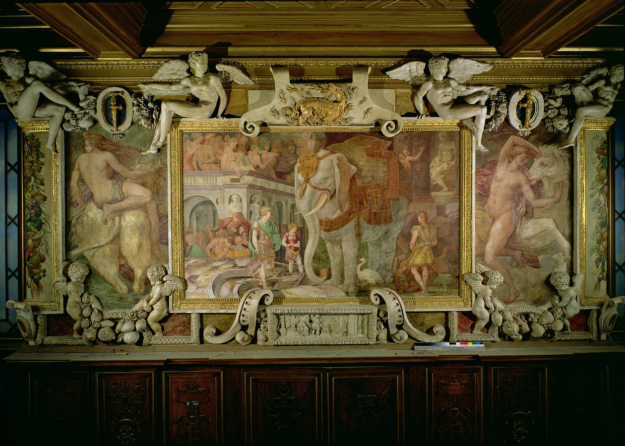Voitonelefantti, allegorinen kunnianosoitus Francis I:lle, yksityiskohta koristeellisesta kuviosta Francis I:n galleriassa, 1530-40 fresko ja stukko tekijältä Giovanni Battista Rosso Fiorentino