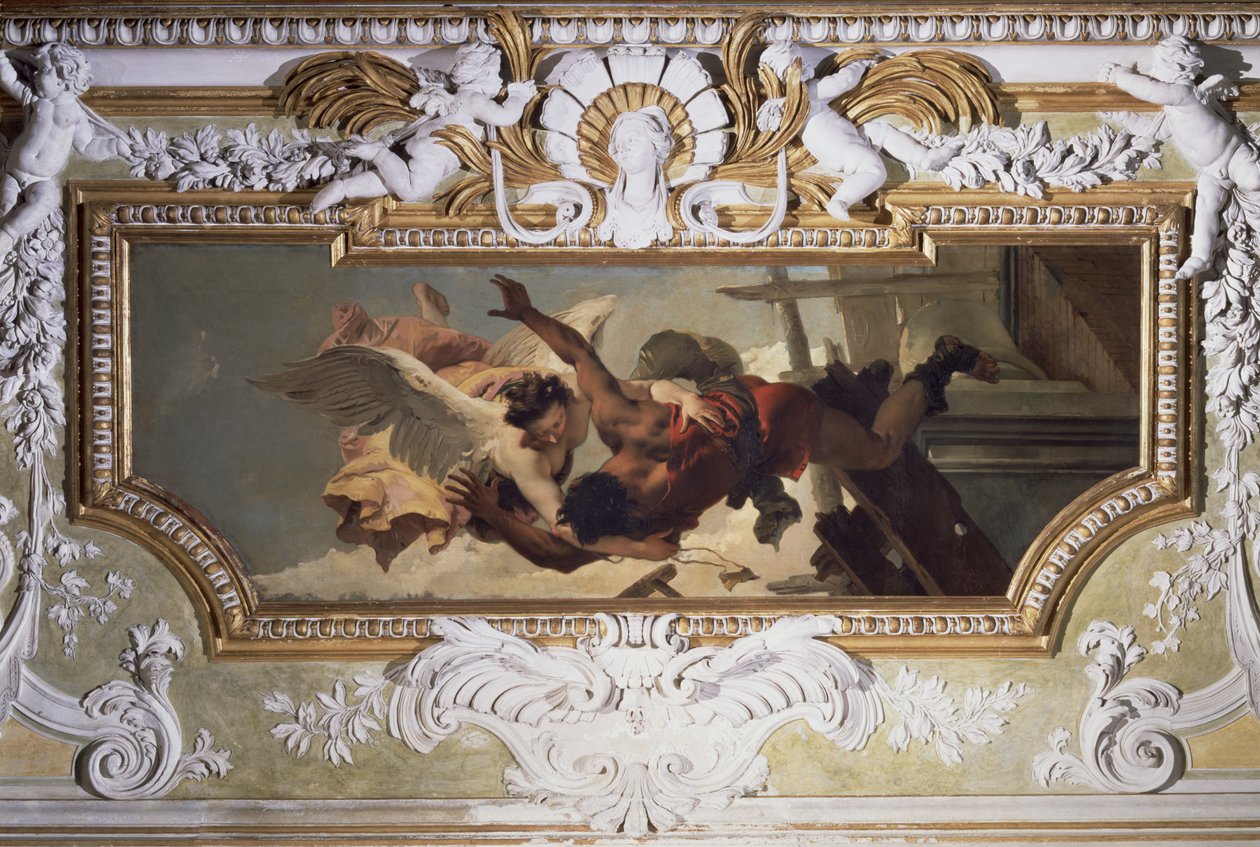 Enkeli pelastamassa putoavan käsityöläisen romahtavilta rakennustelineiltä, "Sala Capitolaresta" (Antumisen salista) n. 1749 tekijältä Giovanni Battista Tiepolo