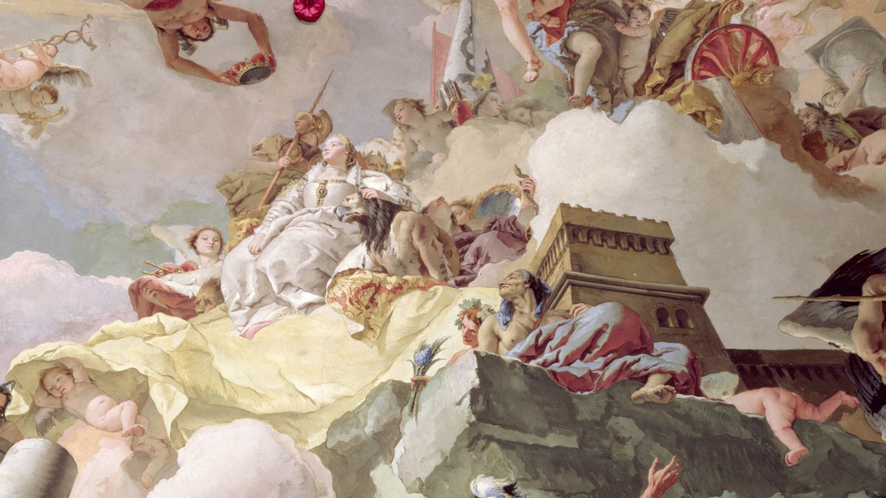 Espanjan monarkian apoteoosi -freskon yksityiskohta vuodelta 170577. tekijältä Giovanni Battista Tiepolo