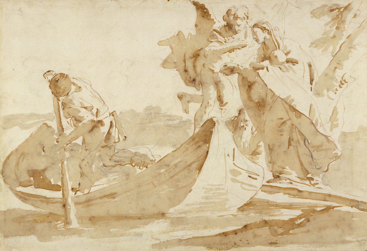 Lento Egyptiin, 1725-35 (Kynä ja ruskea muste ruskealla pesulla mustan liidun päällä) tekijältä Giovanni Battista Tiepolo