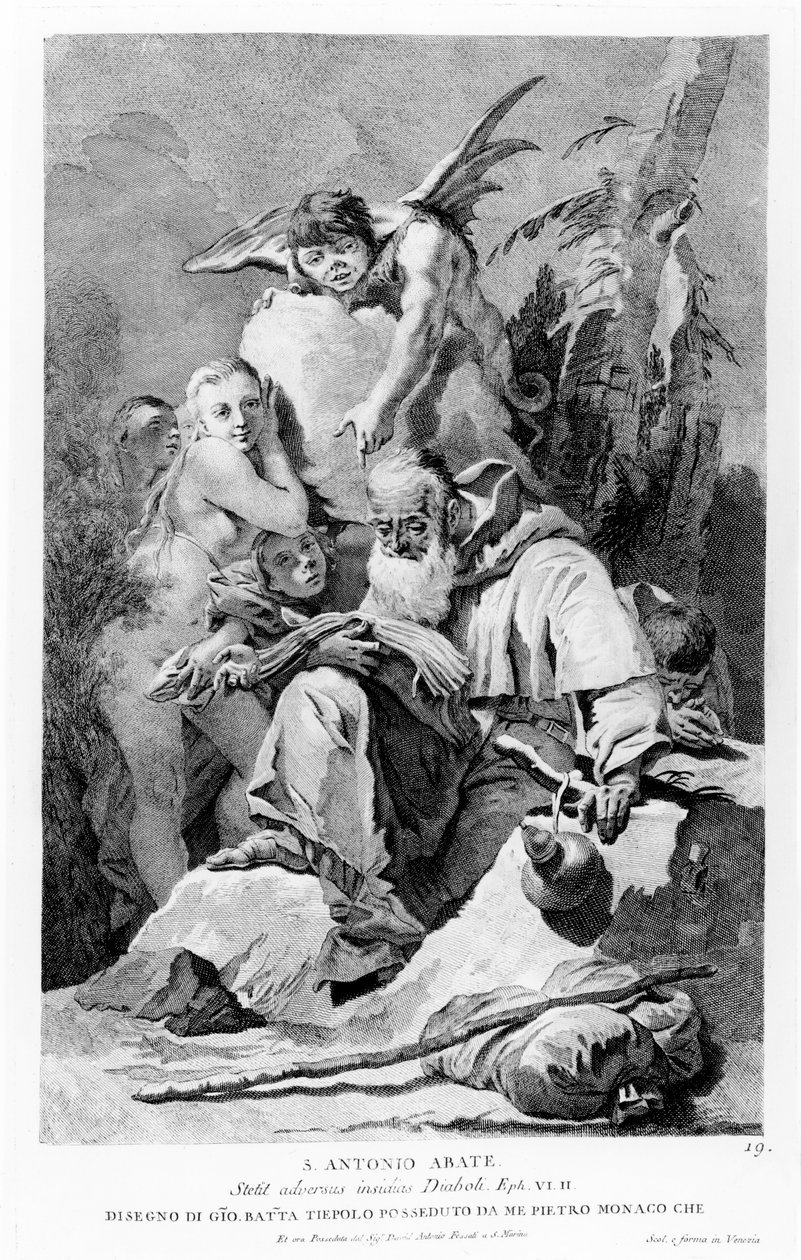 St. Anthony Abbot, joka kestää paholaisen kiusauksia tekijältä Giovanni Battista Tiepolo