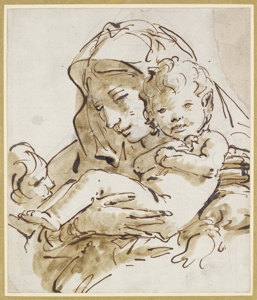 Neitsyt ja lapsi sekä Johanneksen lapsi (kynä ja ruskea muste, ruskea pesu mustalla liidulla valkoiselle paperille). tekijältä Giovanni Battista Tiepolo