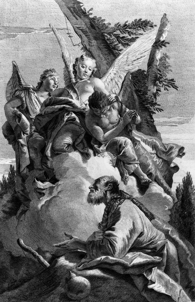 Kolme enkeliä ilmestymässä Abrahamille, kaiverrettu Pietro Monaco, n. 1750 tekijältä Giovanni Battista Tiepolo