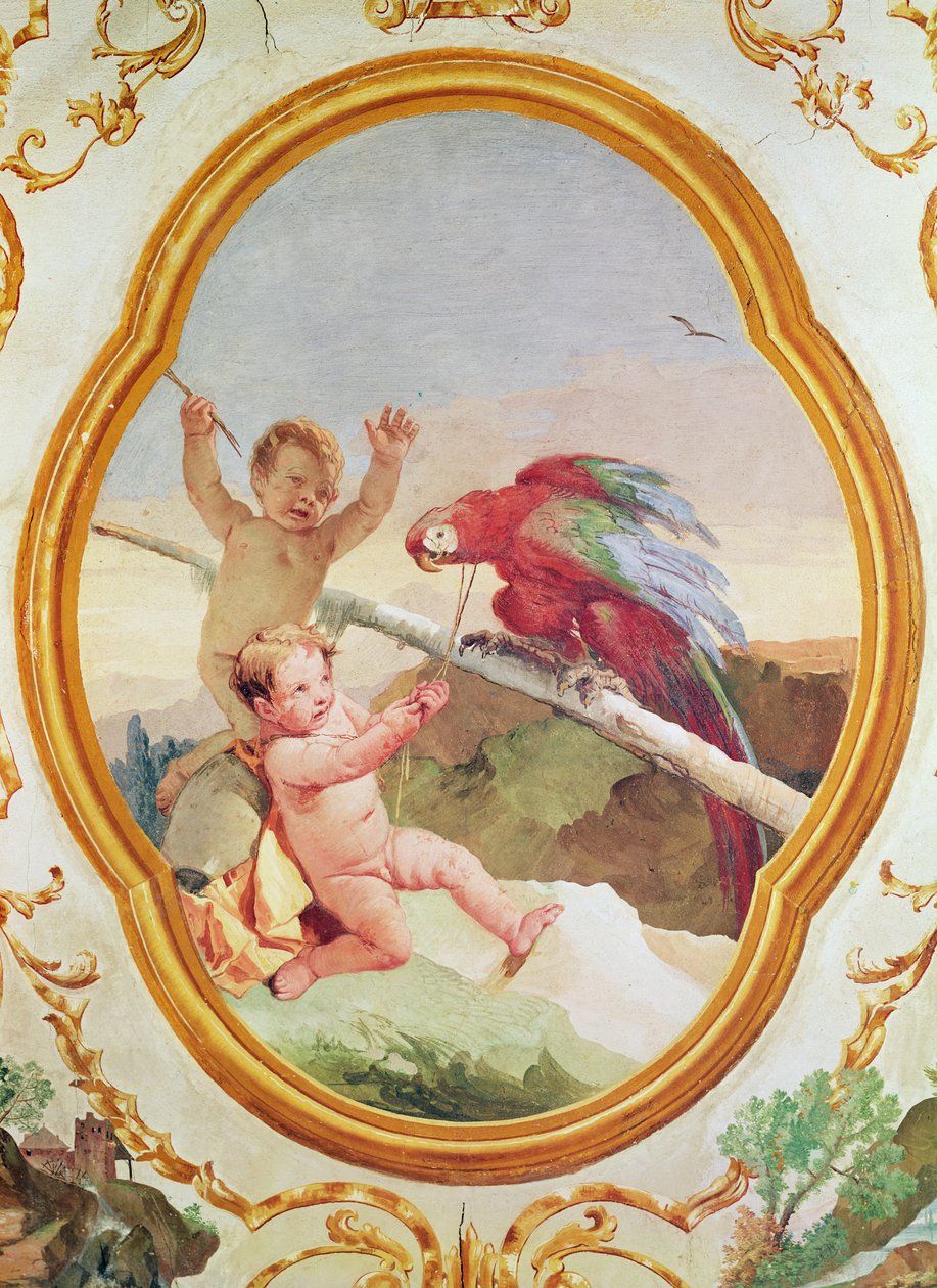 Kaksi puttia leikkii papukaijan kanssa tekijältä Giovanni Battista Tiepolo