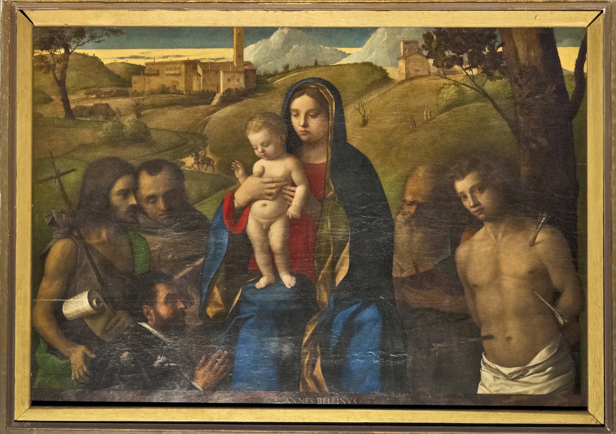 Madonna ja lapsi ja neljä pyhää (Johannes Kastaja, Francis, Jerome ja Sebastian (vasemmalta oikealle)) ja lahjoittaja tekijältä Giovanni Bellini