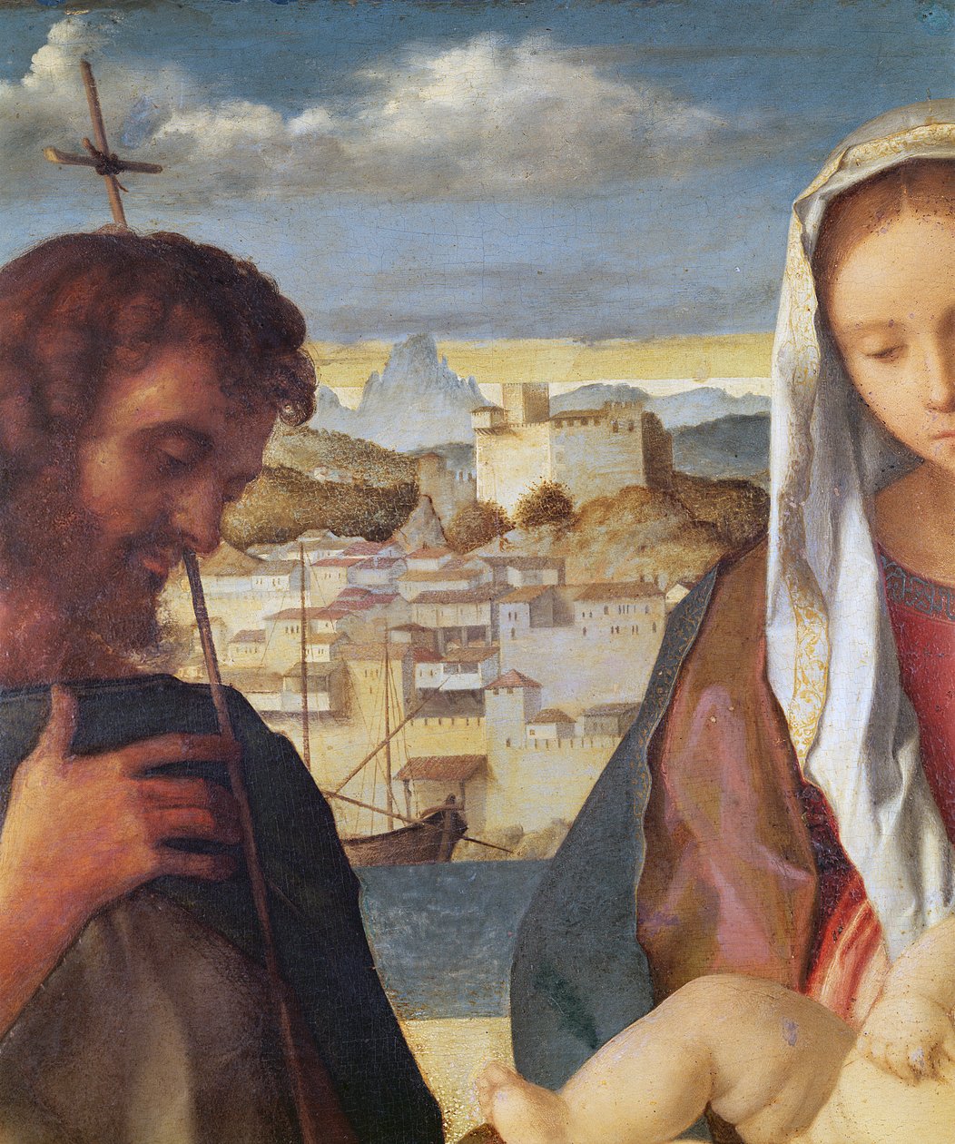 Madonna ja lapsi, Johannes Kastajan ja pyhimyksen kanssa, yksityiskohta taustan rantakaupungista, n.1504 (yksityiskohta kuvasta 61025). tekijältä Giovanni Bellini