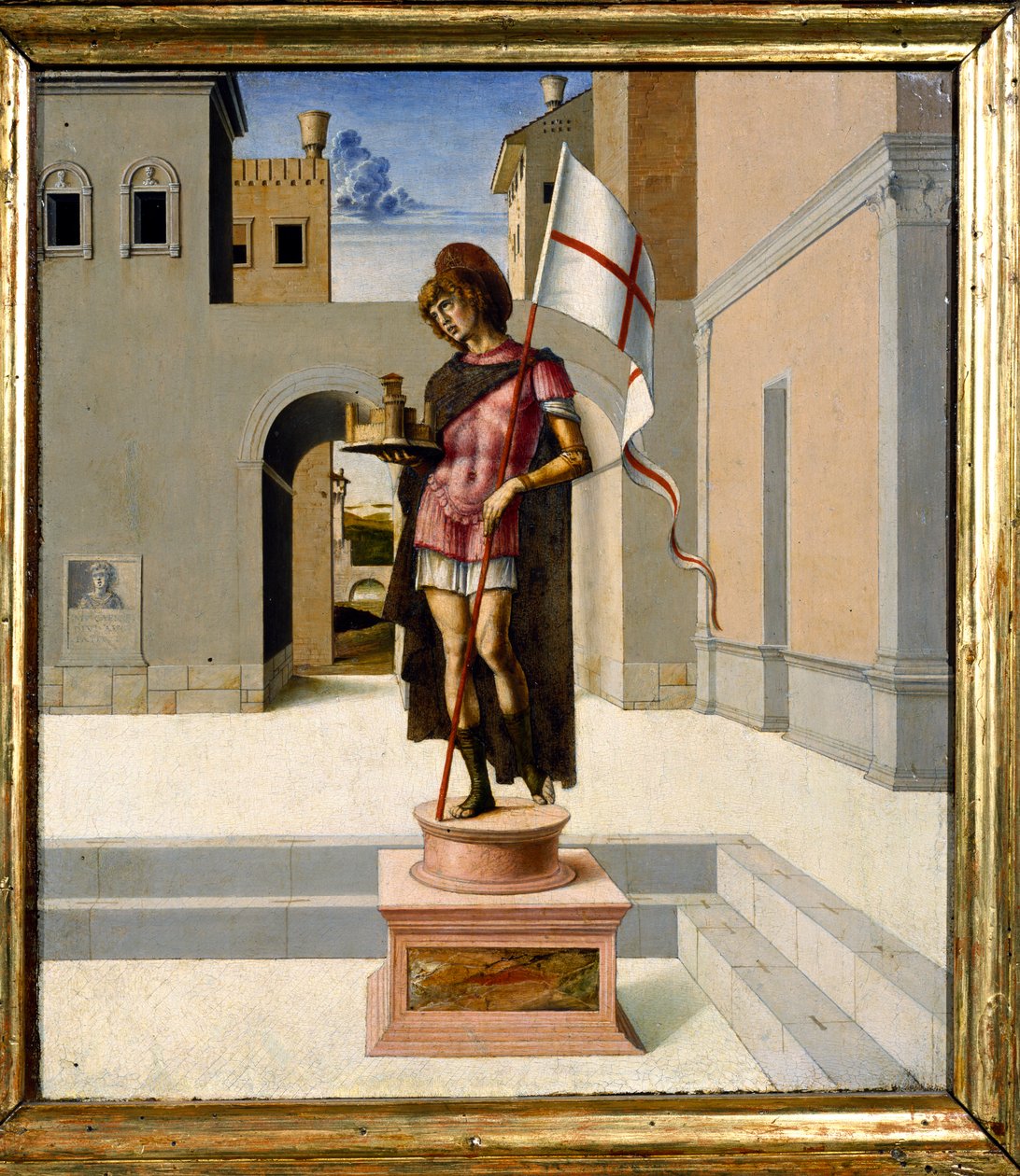 Pyhä Yrjö kuvattu monivärisenä patsaana kaupungin aukiolla, predella (paneeli) (katso myös 85578) tekijältä Giovanni Bellini