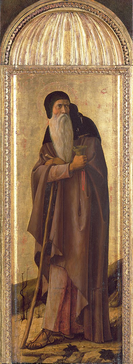 St. Sebastian Pyhän Johannes Kastajan ja Pyhän Antonius Abbotin välillä, lunettessa Eternity and Annunciation tempera ja kultalehti paneelissa, yksityiskohta vuodelta 165428: St. Anthony tekijältä Giovanni Bellini